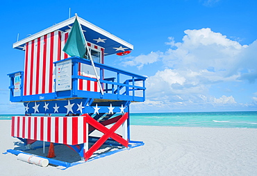 Lifeguard hut on beach, South Beach, Miami, Florida, United States of America, North America