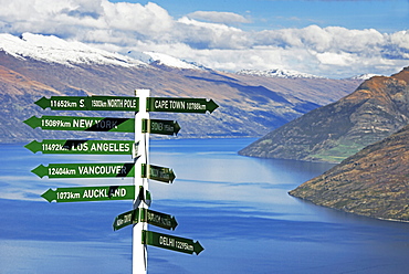 All directions sign post, Queenstown, Otago, South Island, New Zealand, Pacific