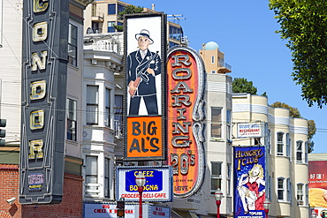 Clubs signs on buildings in North Beach district, San Francisco, California, United States of America, North America