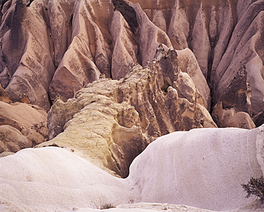 Different coloured rocks in the Red Valley, Orthaisar, Cappadocia, Anatolia, Turkey, Eurasia