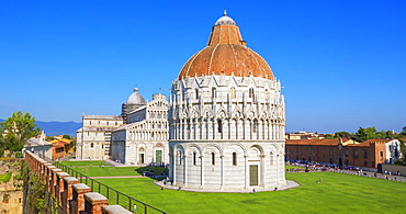 Baptistery and Cathedral view from Pisa defensive walls, UNESCO World Heritage Site, Pisa, Tuscany, Italy, Europe