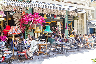 Bar and cafe terraces in Plaka district, Athens, Greece, Europe