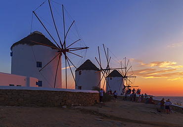 Windmills Kato Mili at sunset, Mykonos Town, Mykonos, Cyclades Islands, Greek Islands, Greece, Europe