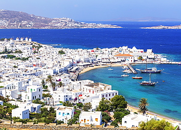 Mykonos Town and old harbour, elevated view, Mykonos, Cyclades Islands, Greek Islands, Greece, Europe