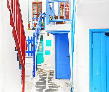 Characteristic colourful staircases, Mykonos Town, Mykonos, Cyclades Islands, Greek Islands, Greece, Europe