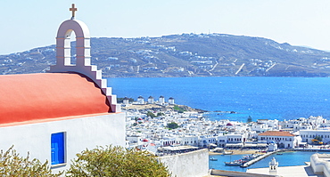 Greek Orthodox chapel overlooking Mykonos Town, Mykonos, Cyclades Islands, Greek Islands, Greece, Europe