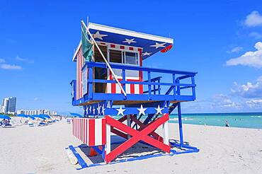 Art Deco Lifeguard hut on South Beach, Ocean Drive, Miami Beach, Miami, Florida, United States of America, North America