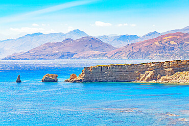 View of the White mountains and Triopetra beach, Agios Pavlos, Southern Crete, Crete, Greek Islands, Greece, Europe