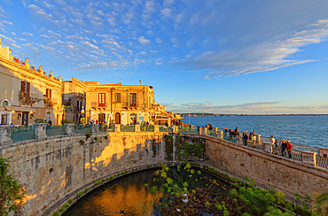 View of Ortygia historic district and Arethusa fountain, UNESCO World Heritage Site, Ortygia, Syracuse, Sicily, Italy, Mediterranean, Europe