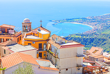 View of Castelmola village and the Ionian coast, Castelmola, Taormina, Sicily, Italy, Mediterranean, Europe