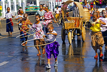 Children playing and parading in streets during King Narai Reign Fair, Lopburi, Thailand, Southeast Asia, Asia