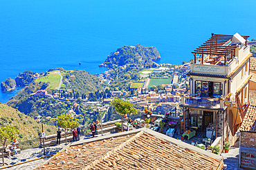 Taormina and the Ionian coast view from Castelmola main square, Castelmola, Taormina, Sicily, Italy, Mediterranean, Europe