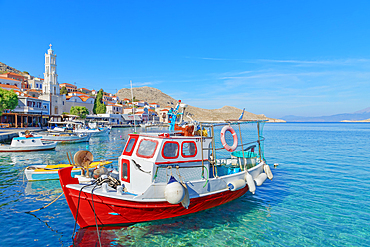 Fishing boats, Emporio harbour, Halki Island, Dodecanese Islands, Greek Islands, Greece, Europe