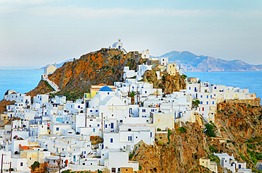 View of Chora village and Sifnos island in the distance, Chora, Serifos Island, Cyclades Islands, Greece