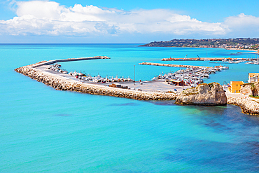 Sciacca harbour and coastline, elevated view, Sciacca, Agrigento district, Sicily, Italy, Mediterranean, Europe