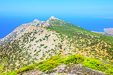 View of Prophet Elias Monastery perched on the top of Sifnos Island northern coast, Sifnos Island, Cyclades, Greek Islands, Greece, Europe