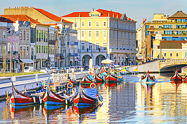 View of moliceiro boats floating on Aveiro river main lagoon, Aveiro, Portugal, Europe