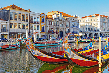 Traditional Moliceiro boats on Aveiro main water canal, Aveiro, Portugal