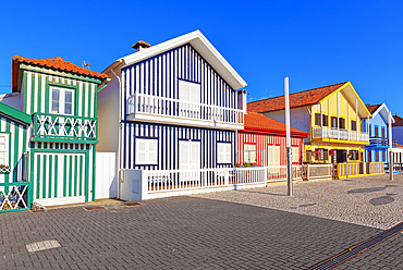 Traditional wooden striped houses, Costa Nova do Prado, Aveiro, Portugal, Europe