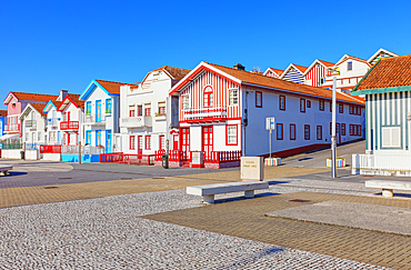 Traditional wooden striped houses, Costa Nova do Prado, Aveiro, Portugal, Europe