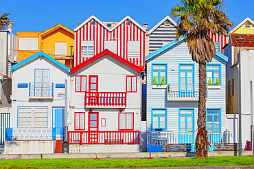 Brightly painted beach homes, Costa Nova do Prado, Aveiro, Portugal