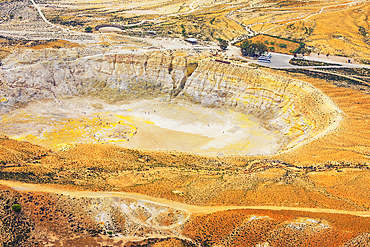 People walking around Stefanos crater moonlike landscape, Nisyros Island, Dodecanese Islands, Greece