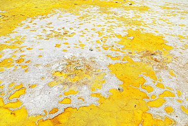 Splashes of sulphur colouring Stefanos crater ground, Nisyros Island, Dodecanese Islands, Greece