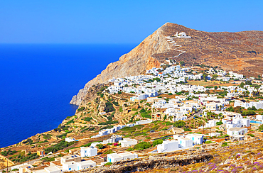 View of Chora village built on a cliff above the sea, Chora, Folegandros Island, Cyclades Islands, Greece