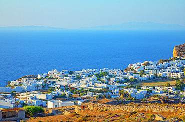 View of Chora village built on a cliff above the sea, Chora, Folegandros Island, Cyclades Islands, Greece