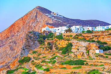 View of Chora village built on a cliff above the sea, Chora, Folegandros Island, Cyclades Islands, Greek Islands, Greece, Europe