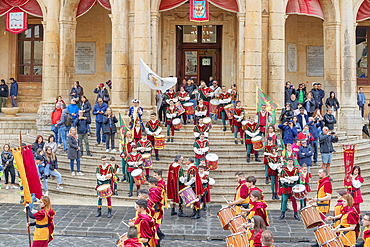 Participants wearing historical costumes on parade, Noto, Noto Valley, Sicily, Italy