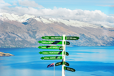 Directions sign post, Queenstown, South Island, New Zealand,