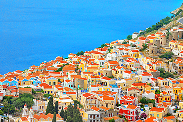 Chorio (upper town), high angle view, Chorio, Symi Island, Dodecanese Islands, Greece