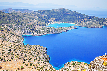 Panormitis bay, high angle view, Panormitis, Symi Island, Dodecanese Islands, Greece
