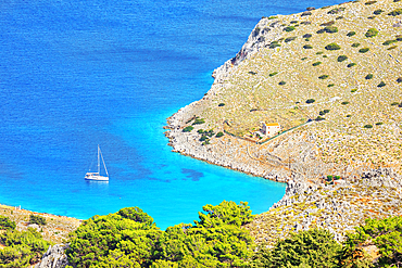 Marathounta beach, high angle view, Panormitis, Symi Island, Dodecanese Islands, Greece