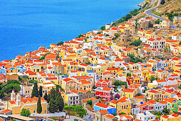 Chorio (upper town), high angle view, Chorio, Symi Island, Dodecanese Islands, Greece