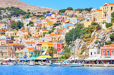 View of Gialos Harbour, Gialos, Symi Island, Dodecanese Islands, Greece