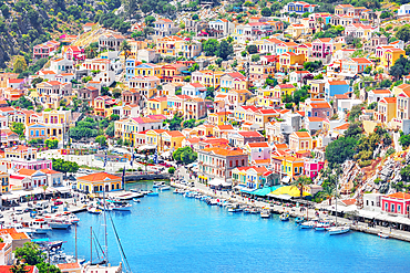 Gialos Harbour, high angle view, Symi Island, Dodecanese Islands, Greece