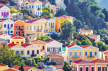 Colourful houses, Chorio, Symi Island, Dodecanese Islands, Greece