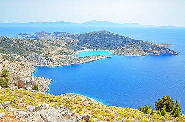 View over Panormitis bay, Panormitis, Symi Island, Dodecanese Islands, Greece