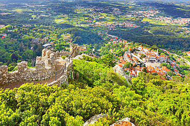 View of Castelo dos Mouros and Sintra town in the distance, Sintra, Portugal