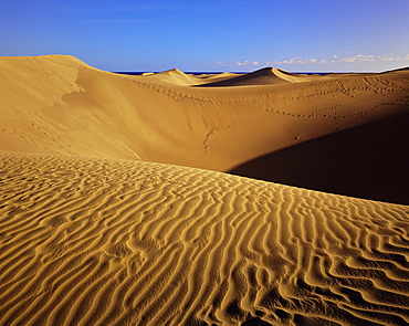 Sand dunes and sea beyond, Maspalomas, Gran Canaria, Canary Islands, Spain, Europe