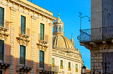 Historic centre view including the dome of Badia di Sant'Agata church, Catania, Sicily, Italy
