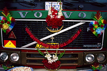 Vehicle dressed up for the cha'lla, car blessing, Copacabana, Lake Titicaca, Bolivia, South America