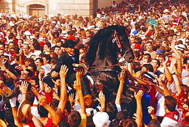 Rider on a rearing horse among the crowds during Sant Joans festival, Ciutadella, Minorca, Spain