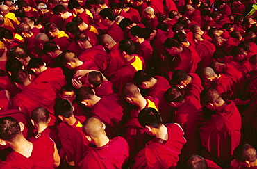 Buddhist monks praying during the celebration of Losar (Tibetan New Year), Bodhnath, Katmandu, Nepal