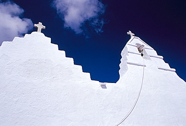 Crosses and front top of Christian church of Panagia Paraportiani, Mykonos, Cyclades islands, Greece, Mediterranean, Europe