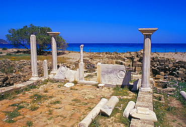 Ruins of the early Christian basilica of Agio Fotini, and Pigadia beach behind, Pigadia, Karpathos, Dodecanese islands, Greece, Mediterranean, Europe