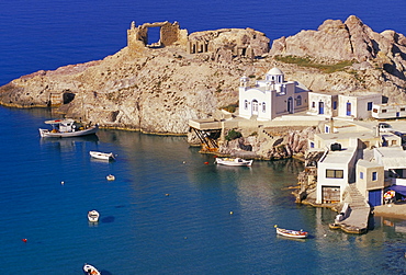 Aerial view of Firopotamus fishing village and bay, Milos, Cyclades islands, Greece, Mediterranean, Europe