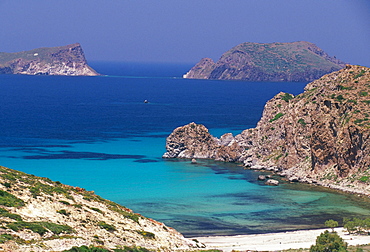 Aerial view of Plathiena beach and rocks, north of Plaka, Milos, Cyclades islands, Greece, Mediterranean, Europe